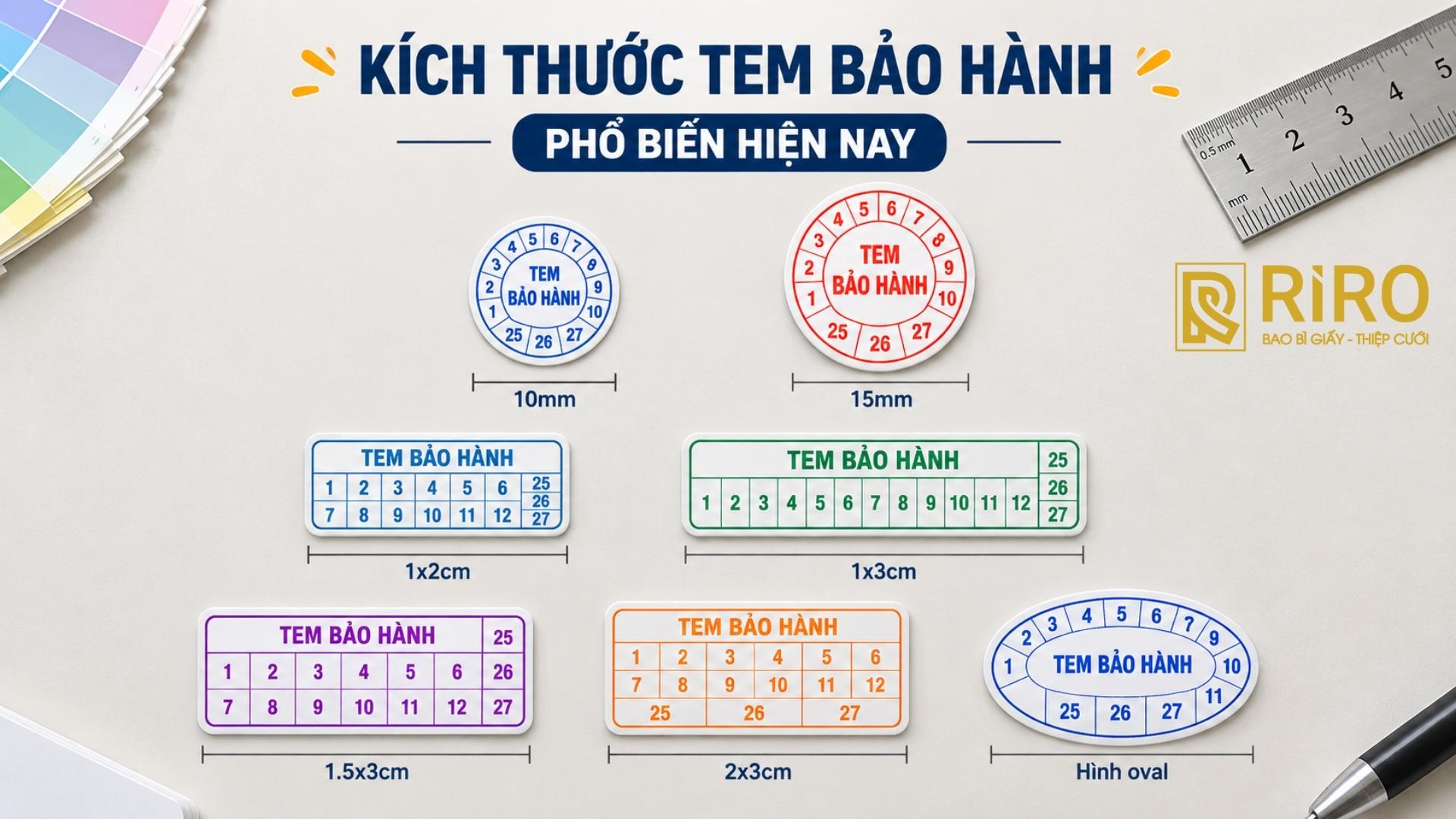 Bảng kích thước tem bảo hành phổ biến theo từng hình dáng