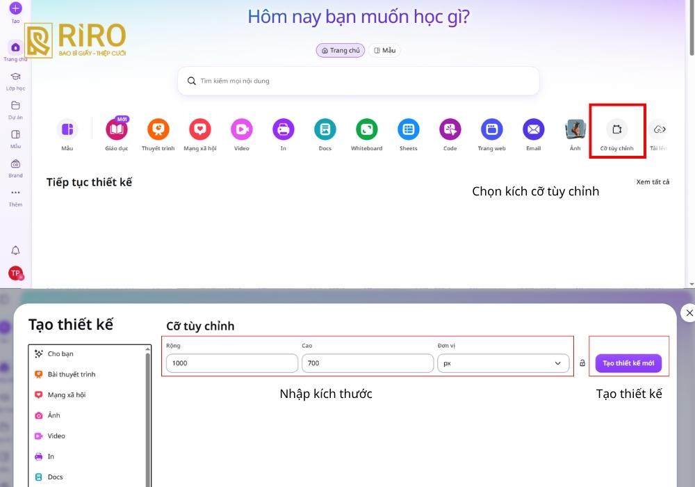 Bước 1 Tạo dự án mới với kích thước tùy chỉnh