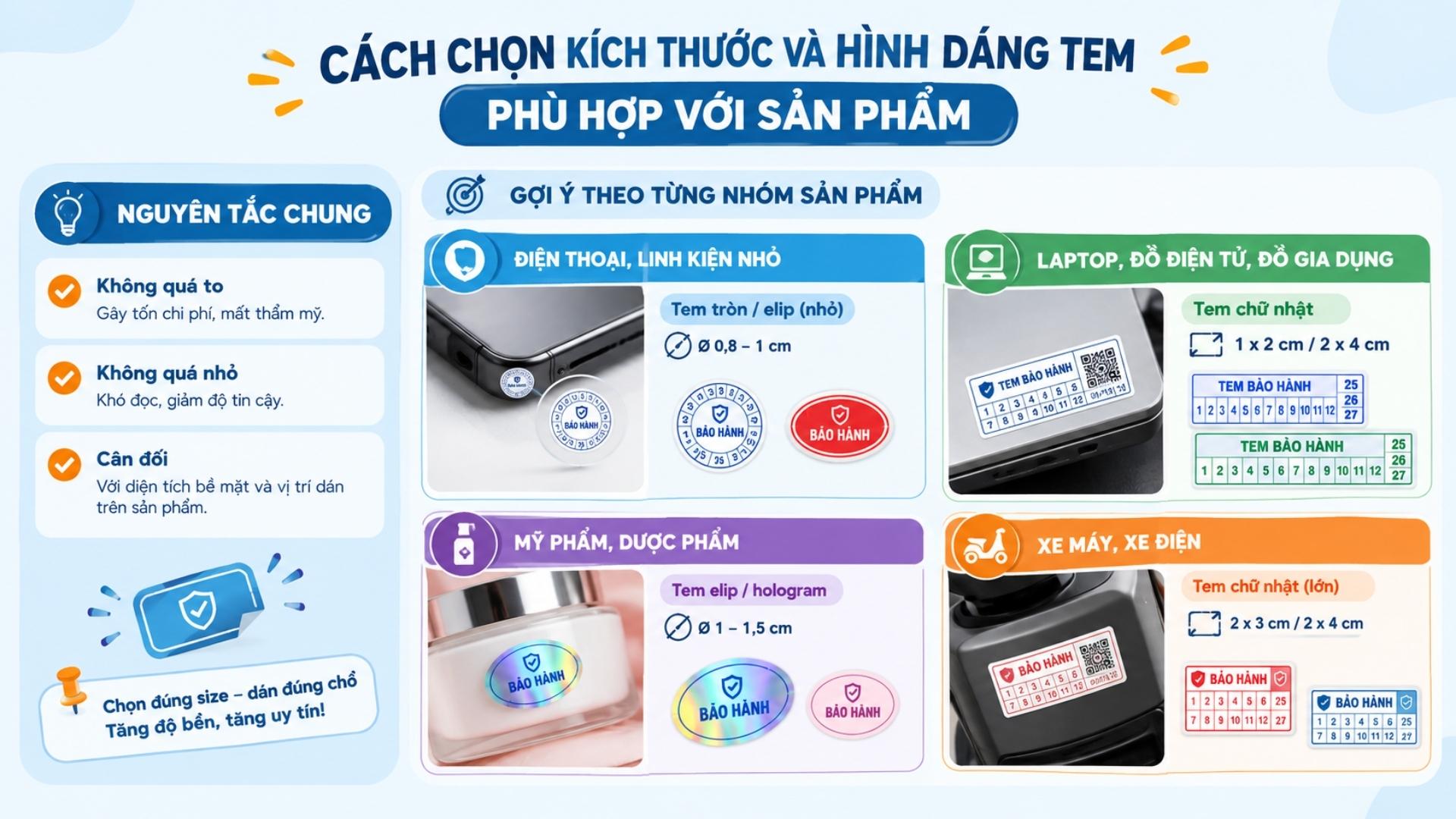 Cách chọn kích thước và hình dáng tem phù hợp với sản phẩm Nguyên tắc chung khi chọn size tem_ tem không nên quá to vì gây tốn chi phí và mất thẩm mỹ, cũng không nên quá nhỏ vì khiến khách