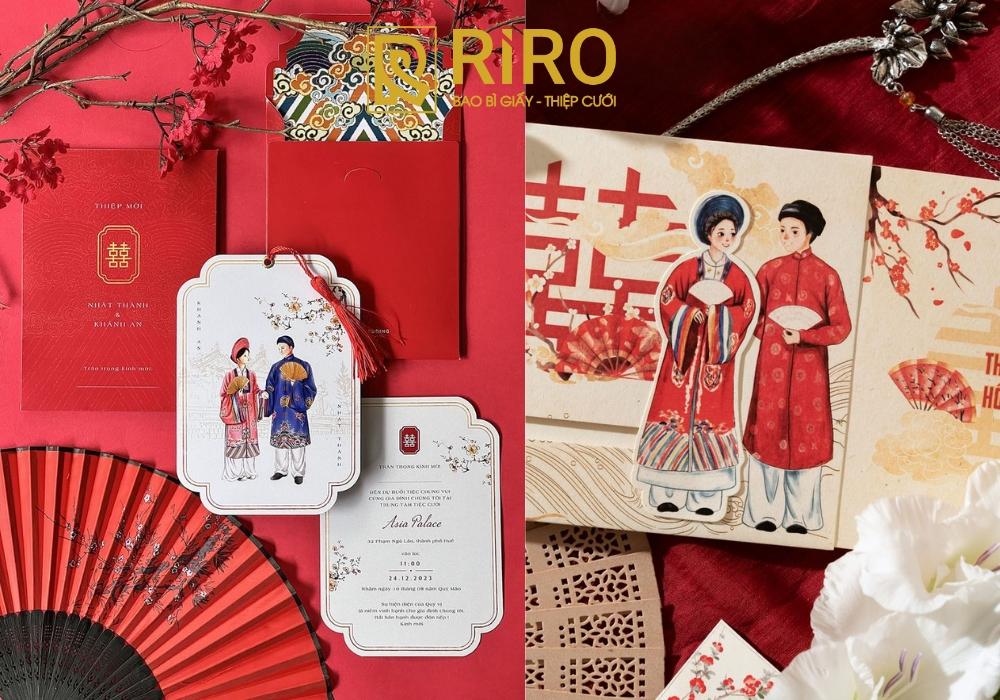 Thiệp minh họa cô dâu chú rể mặc áo dài (2)