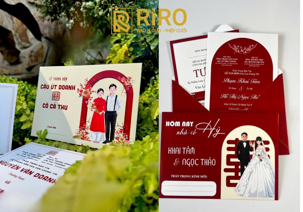 Thiệp minh họa cô dâu chú rể mặc áo dài